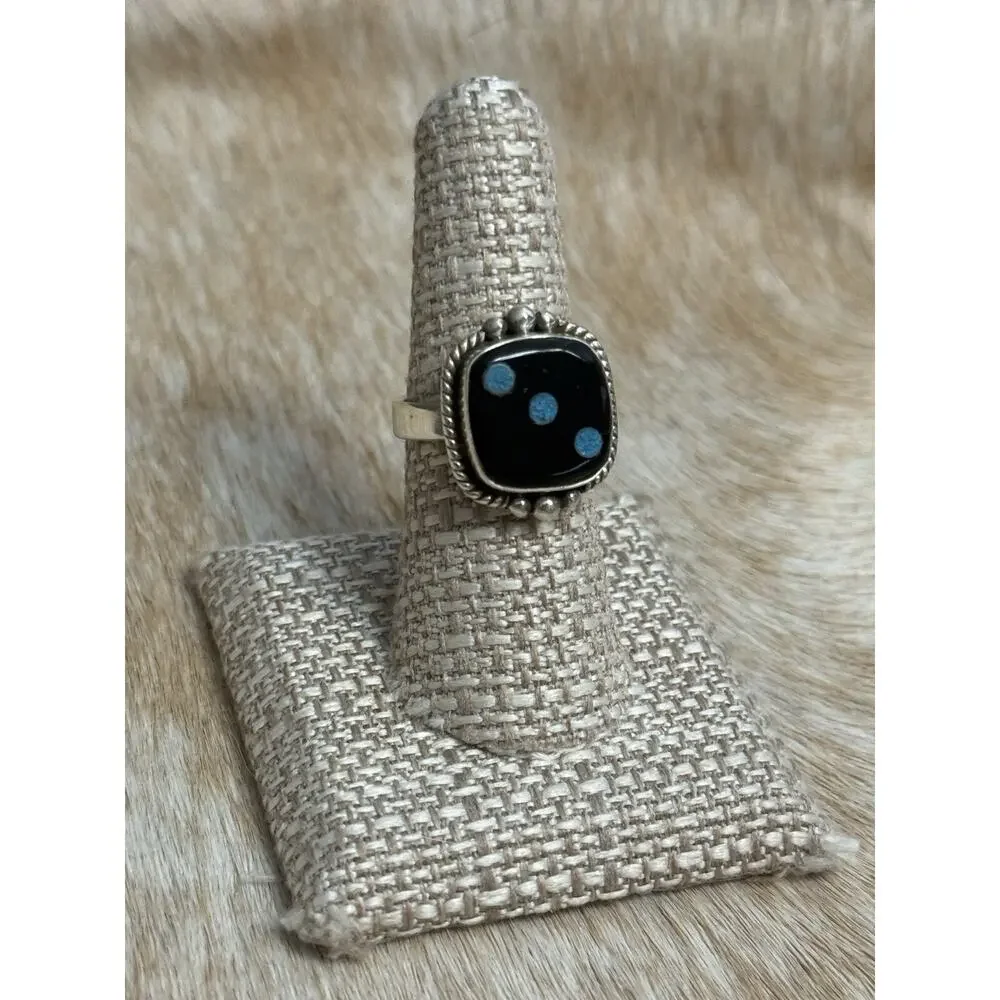 Native American SW Sterling Silver Carved Onyx Black Opal Dice Ring 3 Gamble